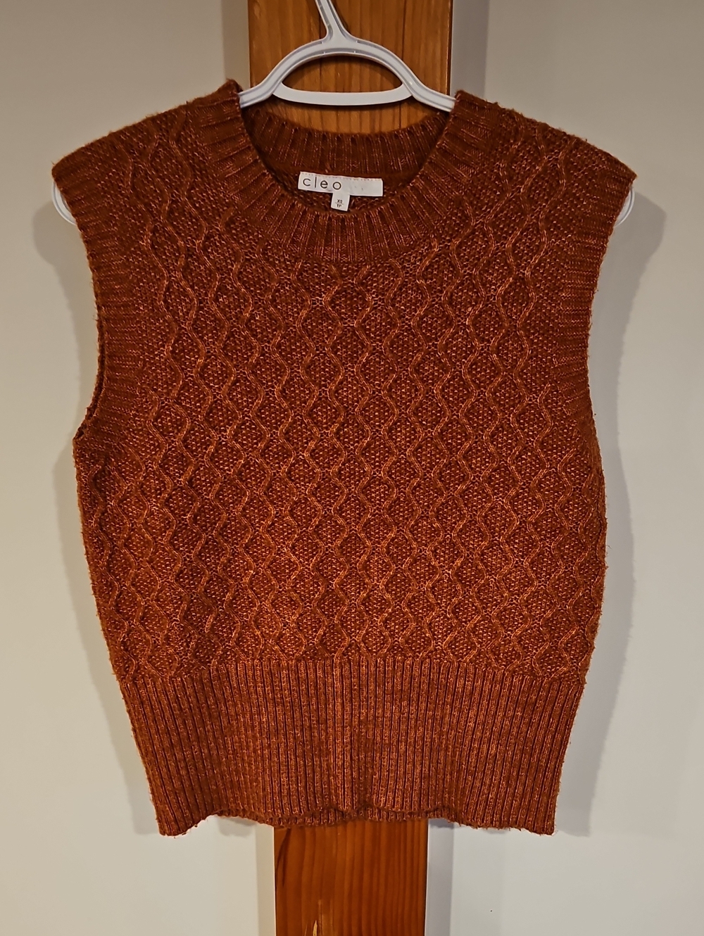 Cable Knit Sleeveless Crewneck Sweater Vest in Rust Brown
